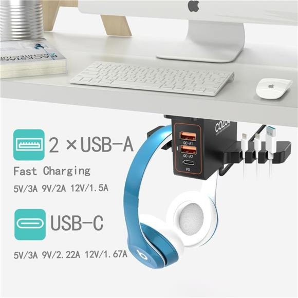 Headphone Stand with USB Charger Under Desk Headset Holder Mount with 3 Port USB - Picture 3 of 6